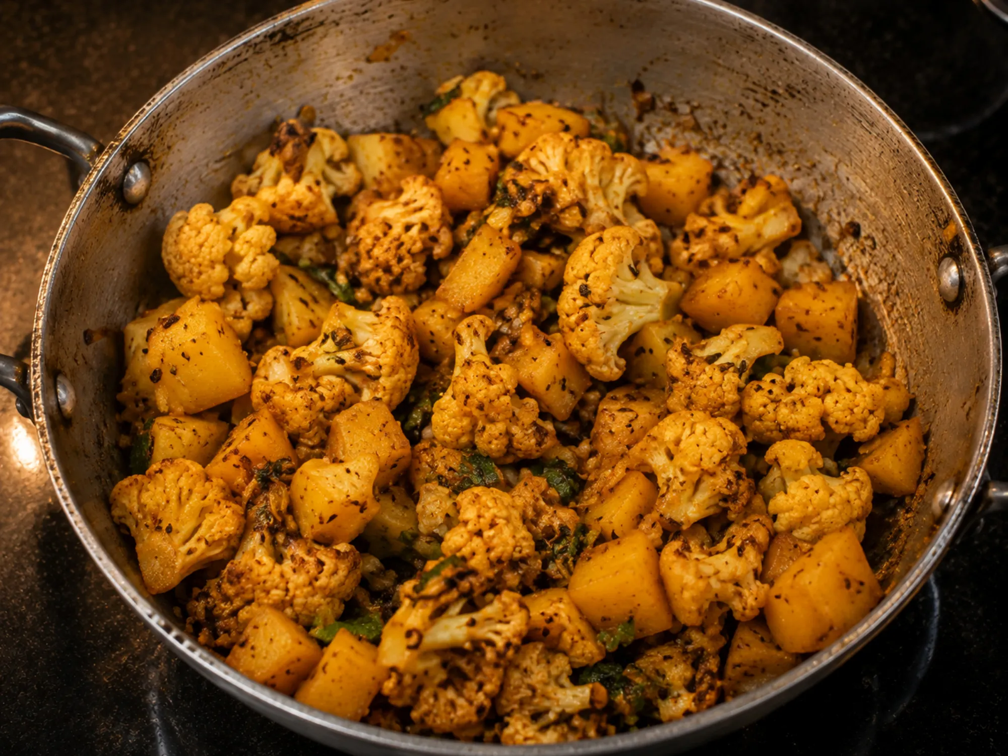 Golden cauliflower florets and potato cubes in a kadai, browned at the edges, flecked with cumin and coriander