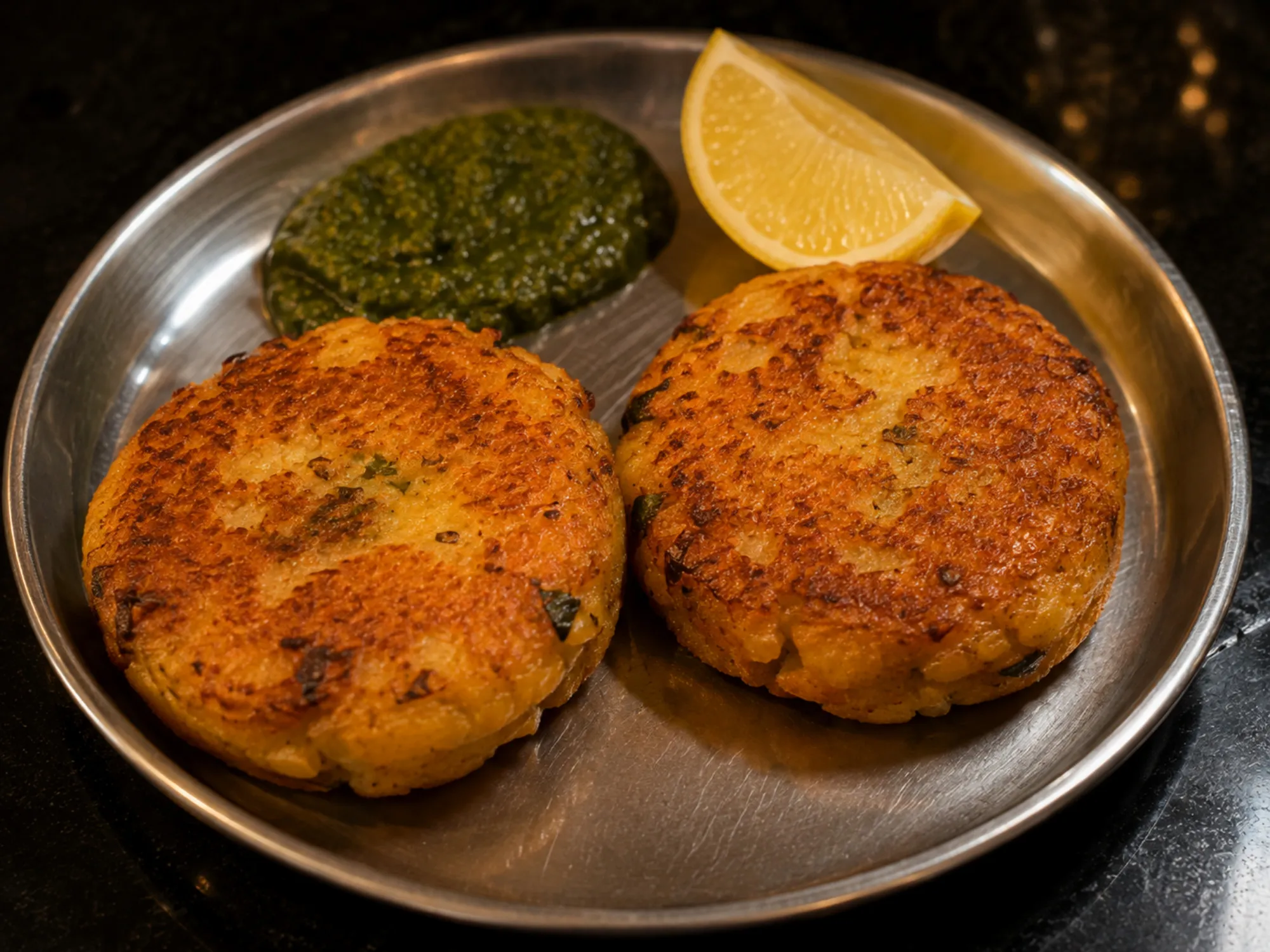 Golden shallow-fried potato tikkis on a plate with green chutney and a lemon wedge