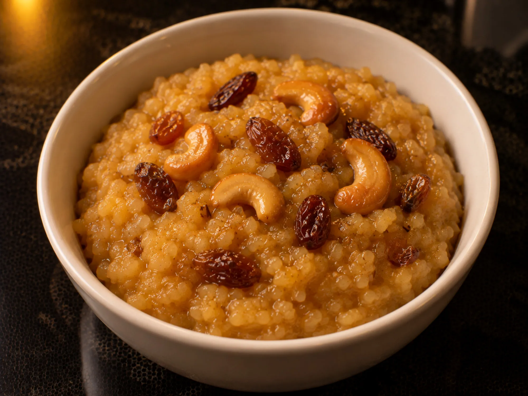 A bowl of golden chakkara pongal topped with fried cashews and raisins