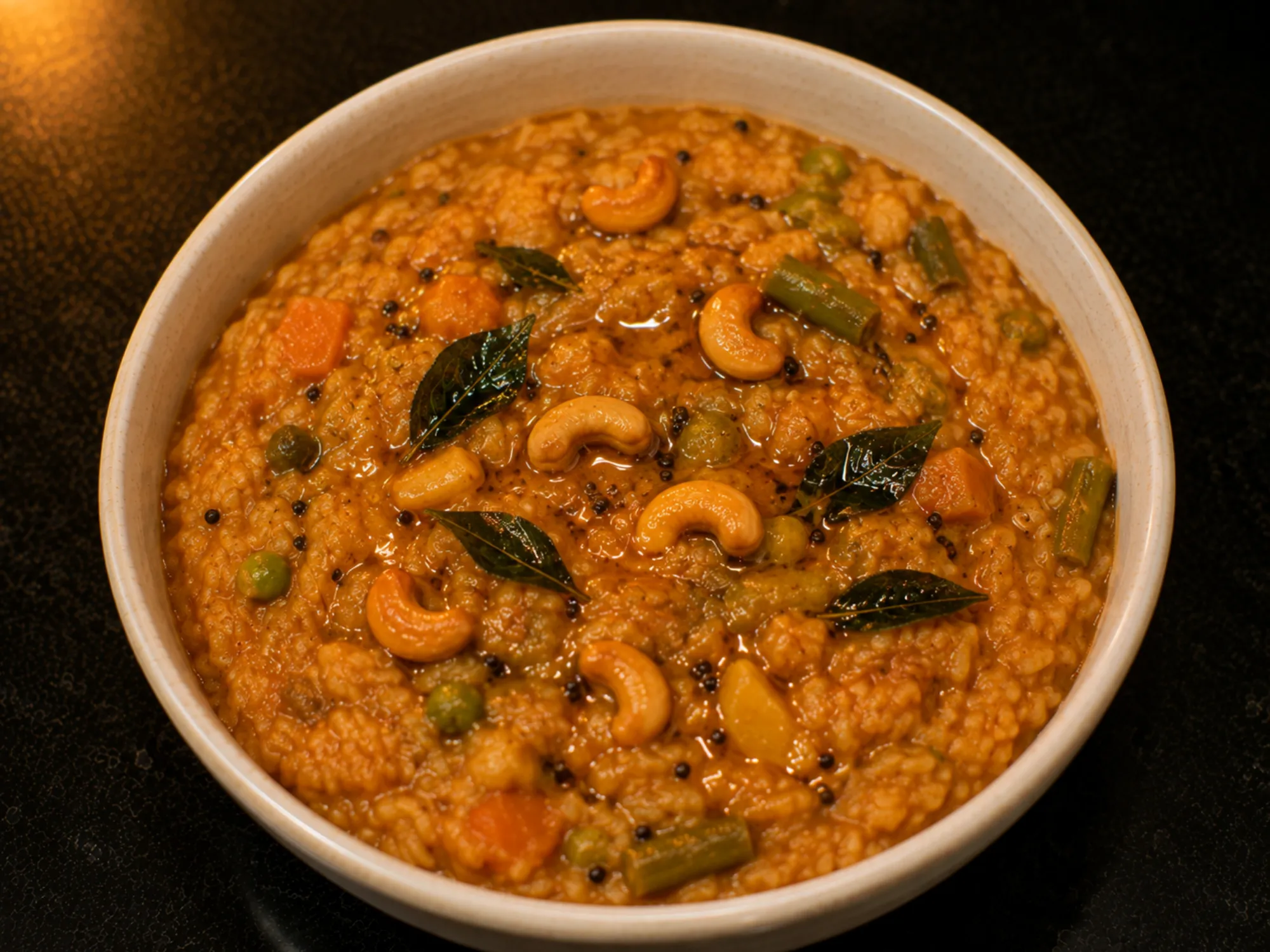 A bowl of thick reddish-brown rice and dal with vegetables through it, fried cashews and ghee on top