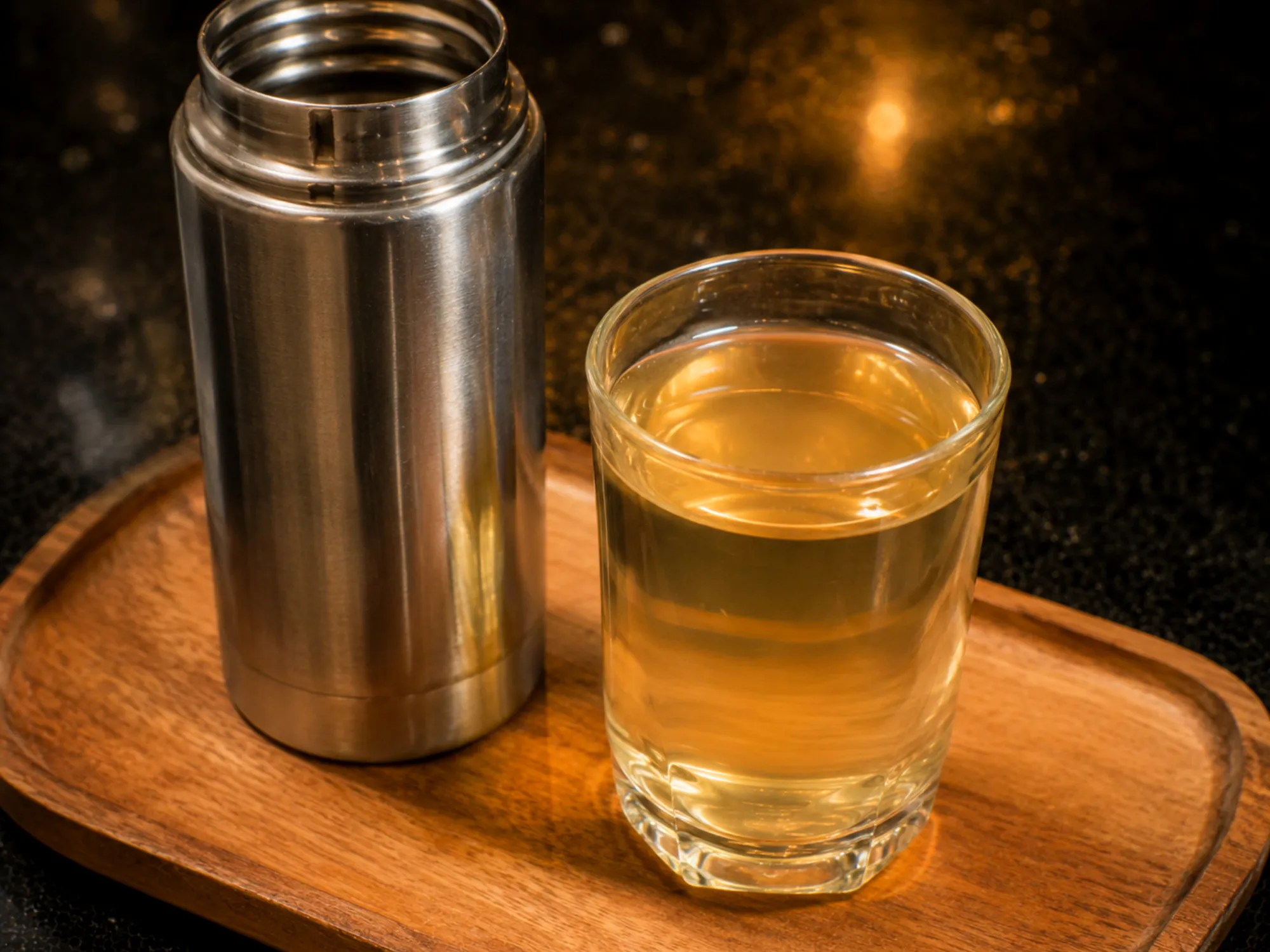 A steel flask and a small glass of pale straw-coloured ajwain water on a wooden tray