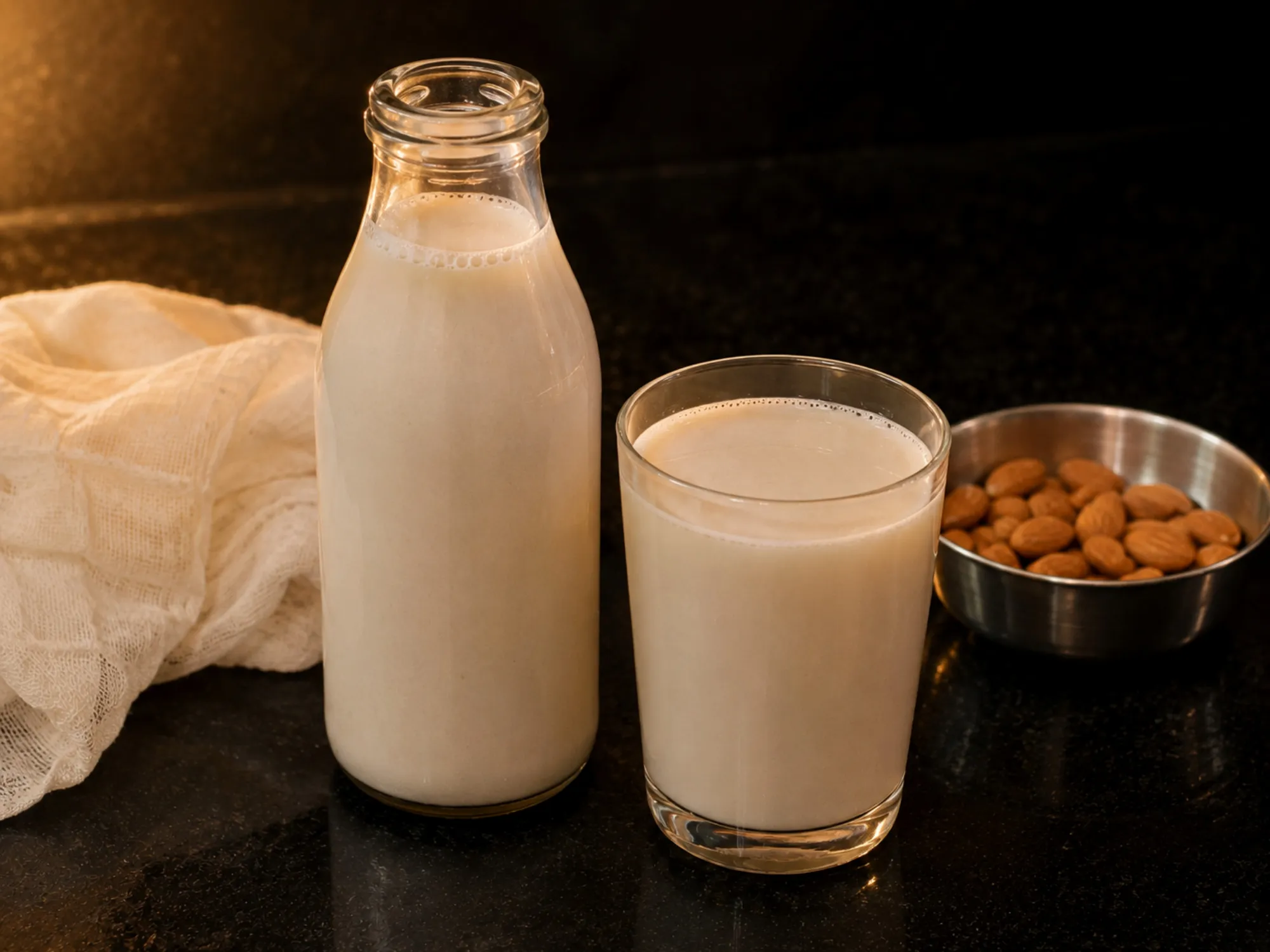 A bottle and glass of cream-coloured nut milk beside a muslin cloth and a bowl of almonds